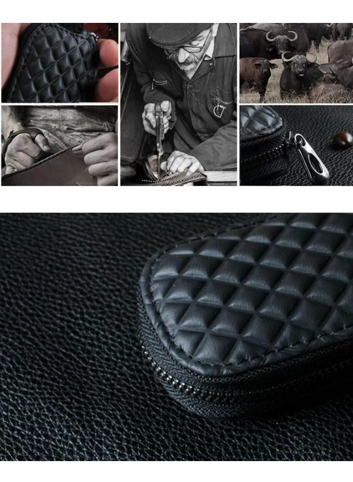 Car Key Case, Premium Genuine Leather Universal Car Key Case – Remote Key Fob Cover with Zipper Bag, Metal Hook & Keychain Holder – Black - Image 3